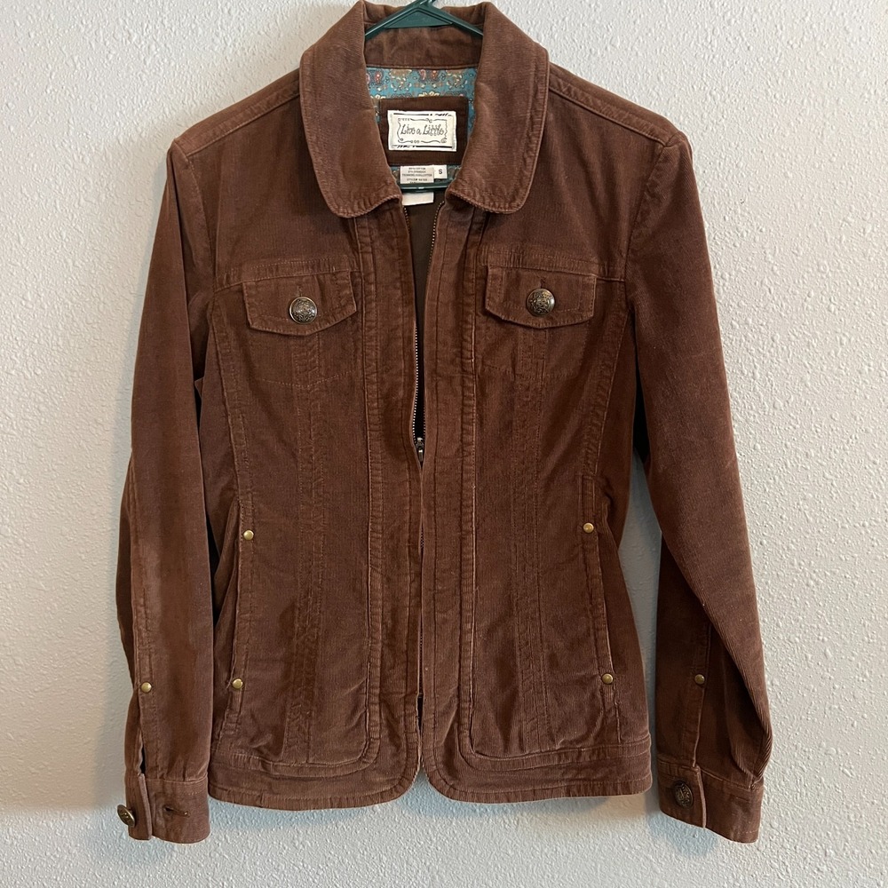 Live A Little Brown Corduroy Jacket Women's Size Small Black Zip Up Pockets